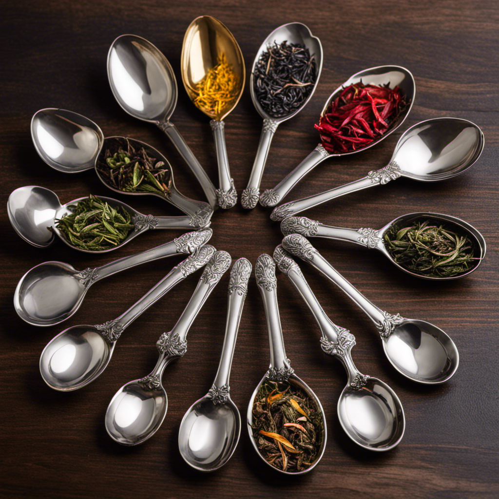 An image showcasing six delicate, gleaming silver teaspoons gracefully arranged in a circular pattern on a rustic wooden surface