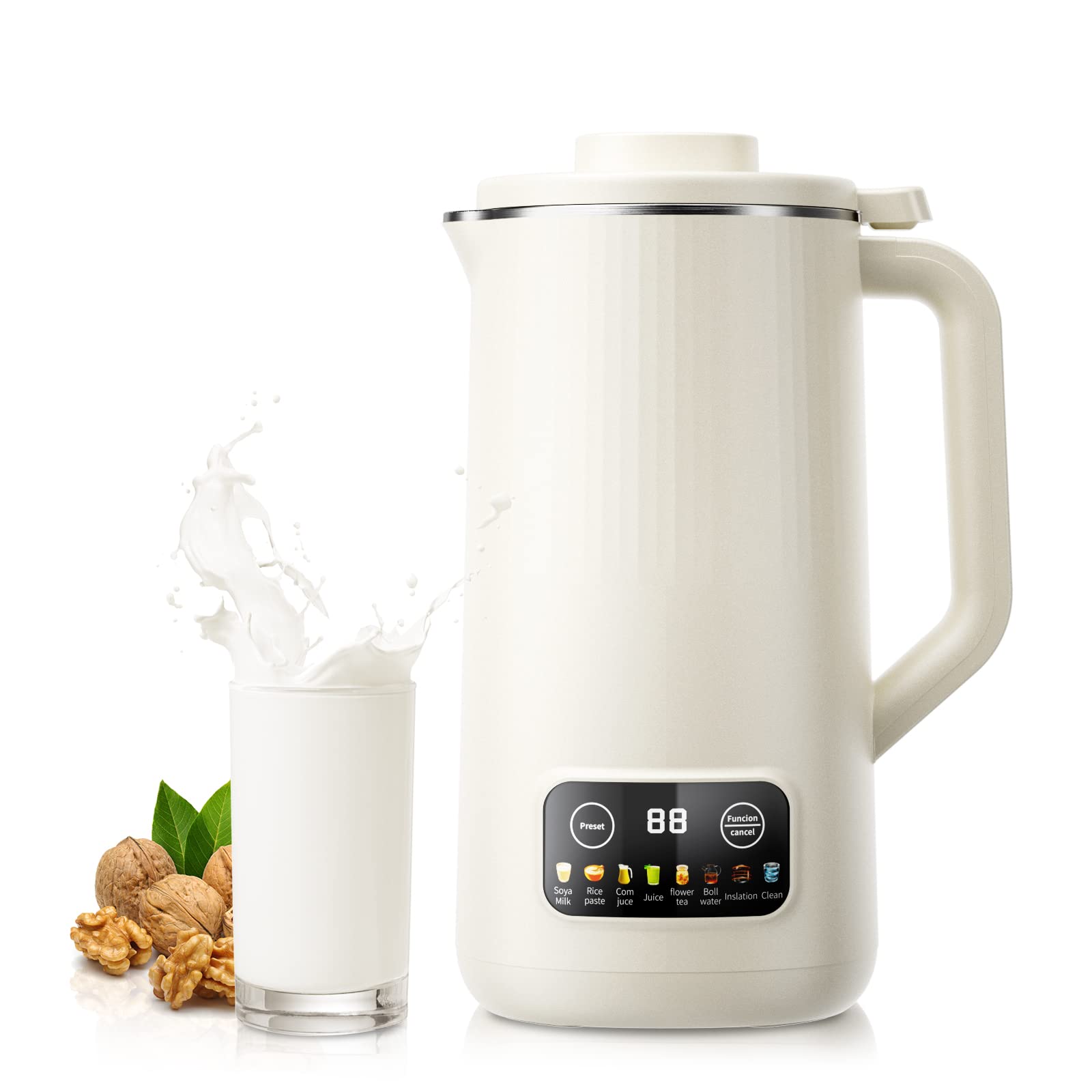 A white electric coffee maker with nuts and a glass of milk.