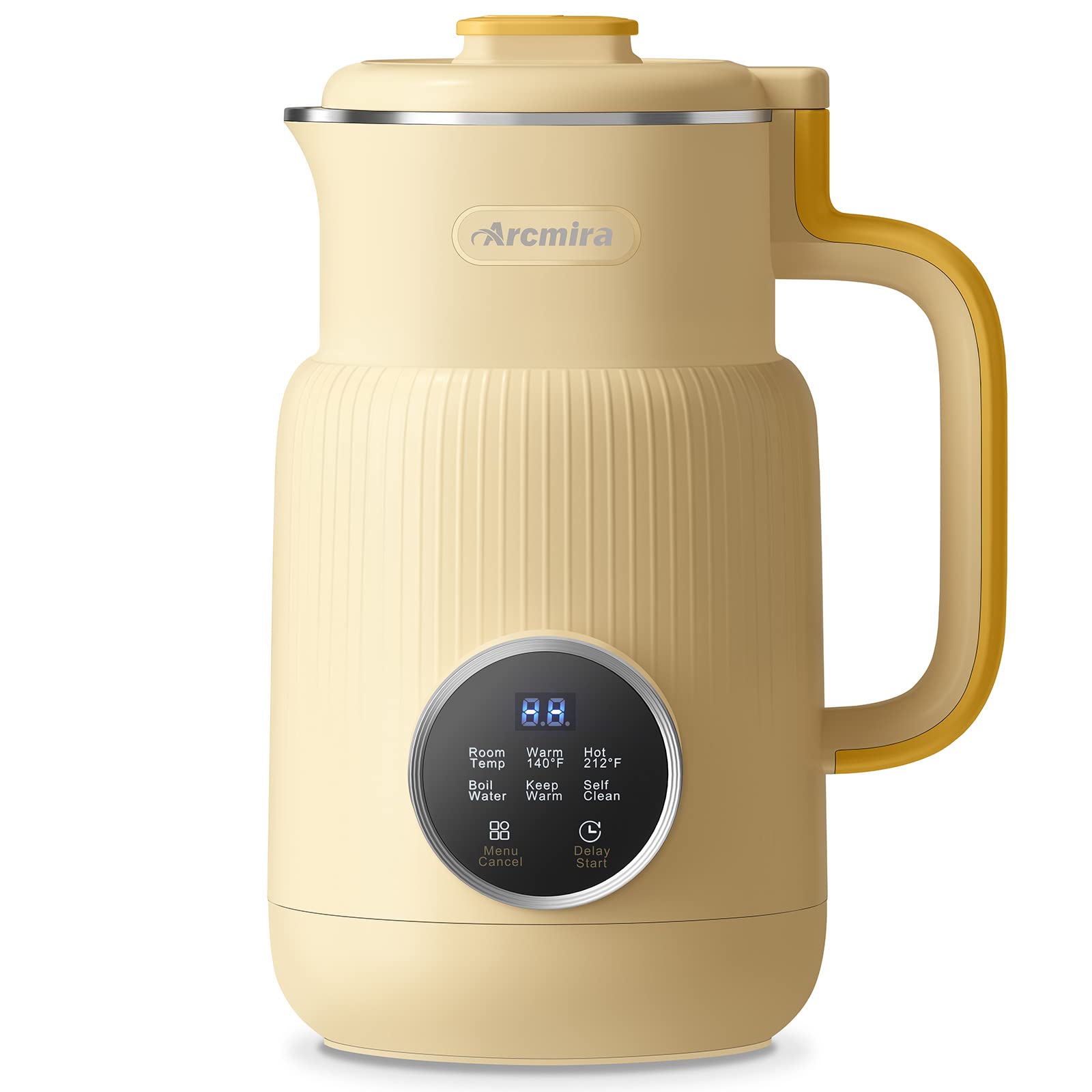 A yellow electric coffee maker with a yellow handle.