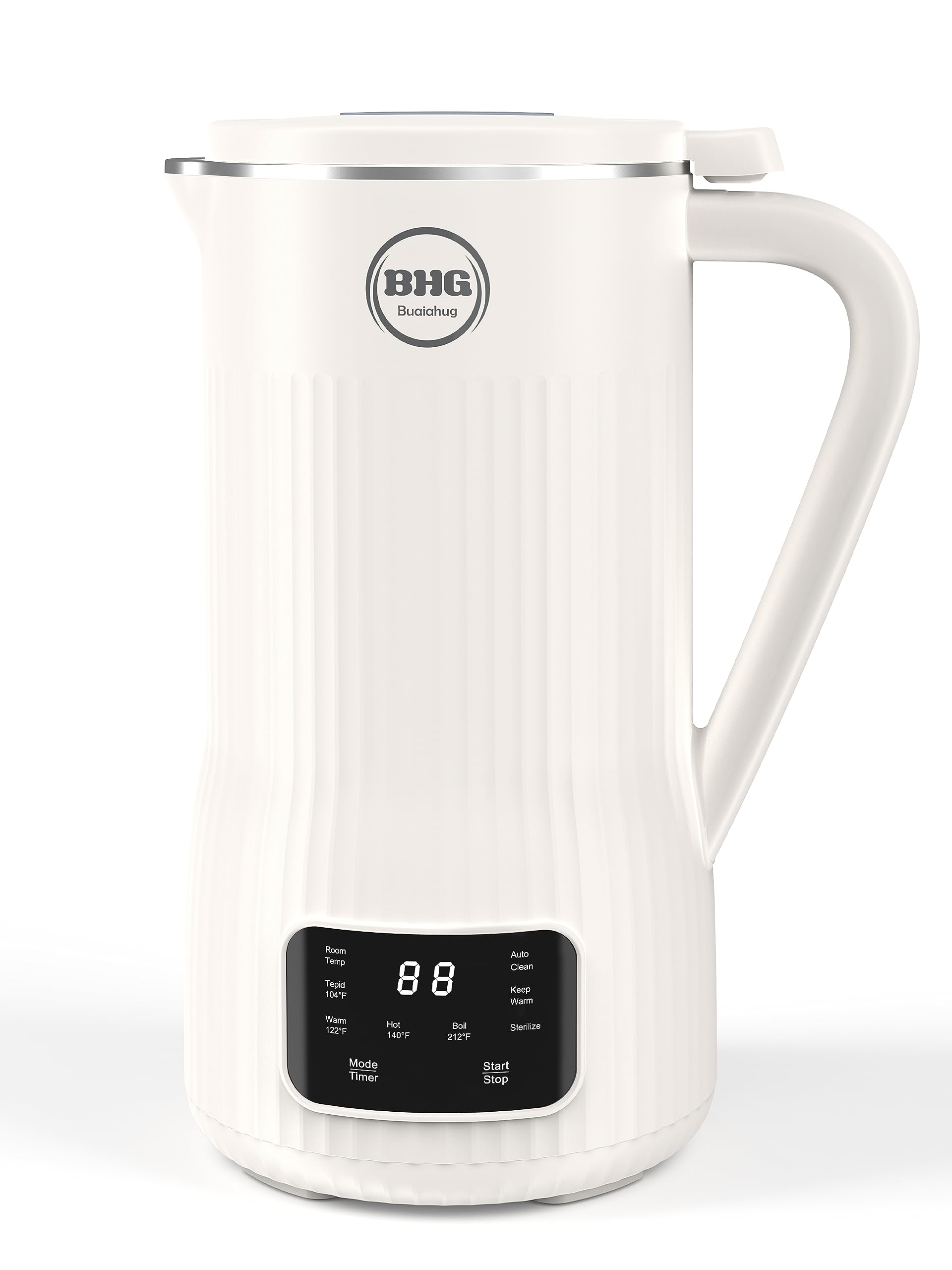 A white electric kettle with a clock on it.