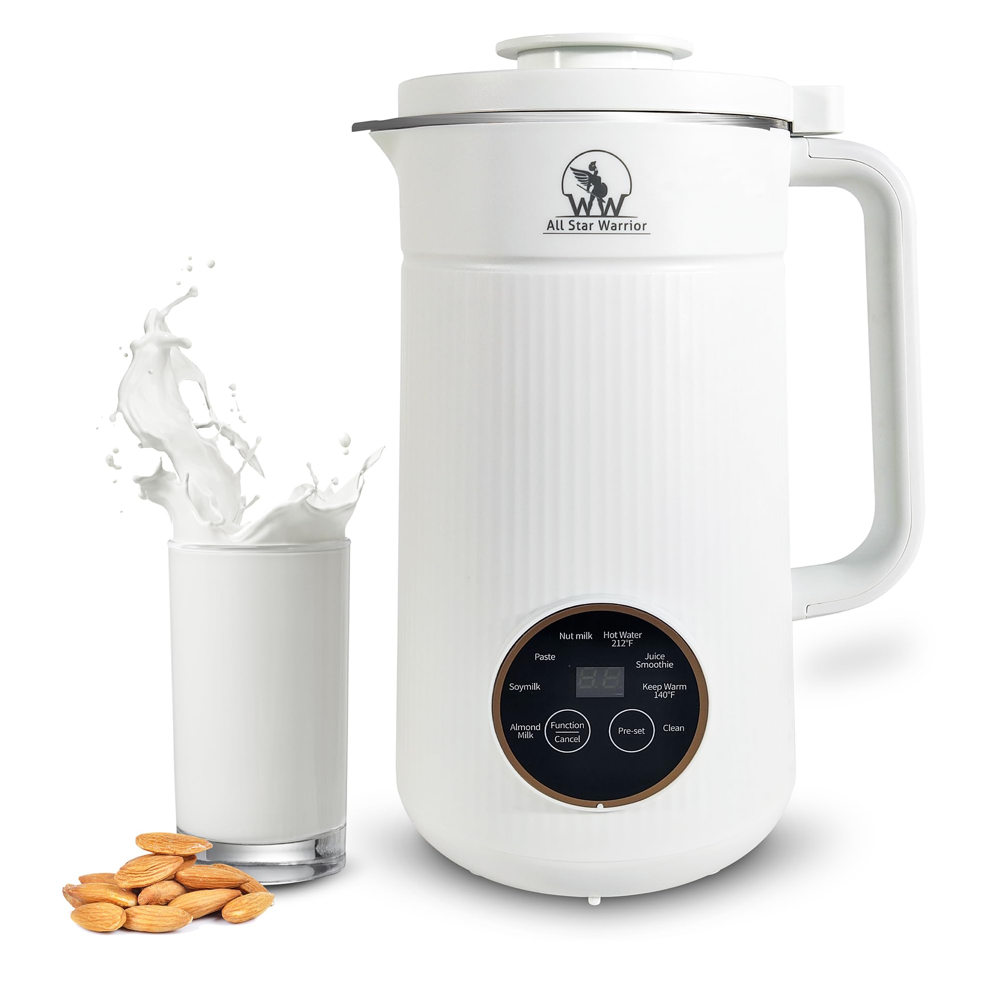 A white coffee maker with a glass of milk next to it.