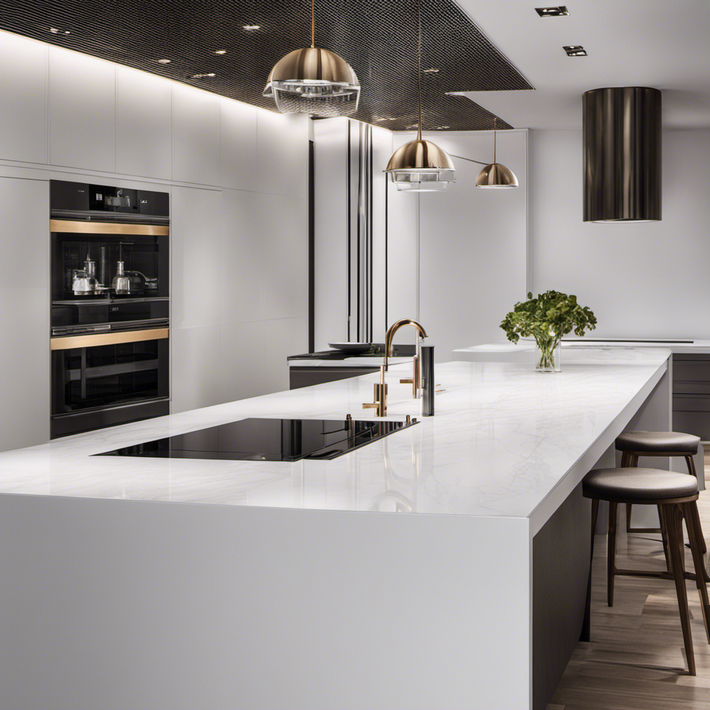 An image showcasing a sleek white kitchen counter scattered with precisely measured, gleaming 71 teaspoons