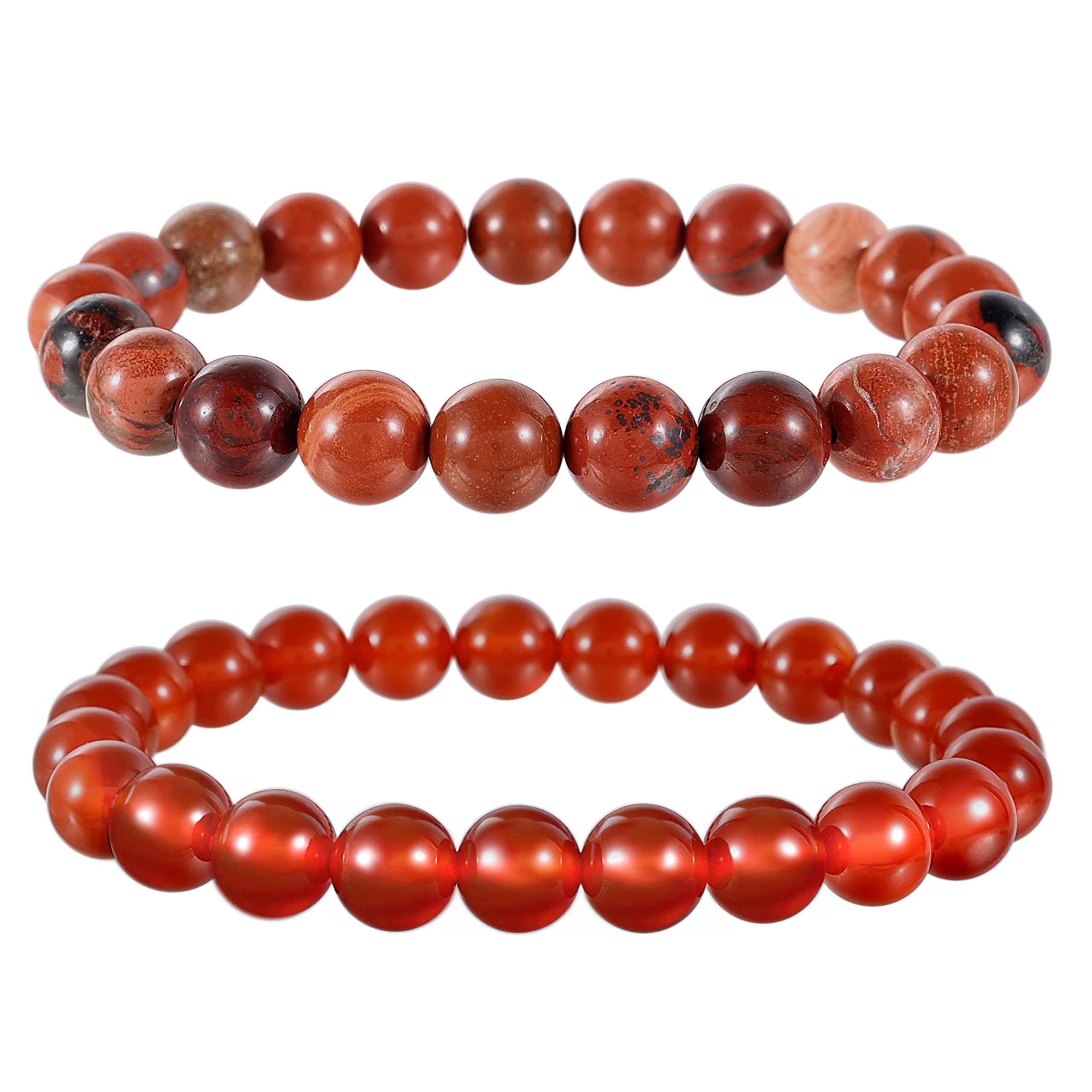 Bivei Natural Gem Semi Precious Reiki Healing Crystals Handmade 8mm Round Beads Stretch Bracelet #2 Red Jasper + Red Agate