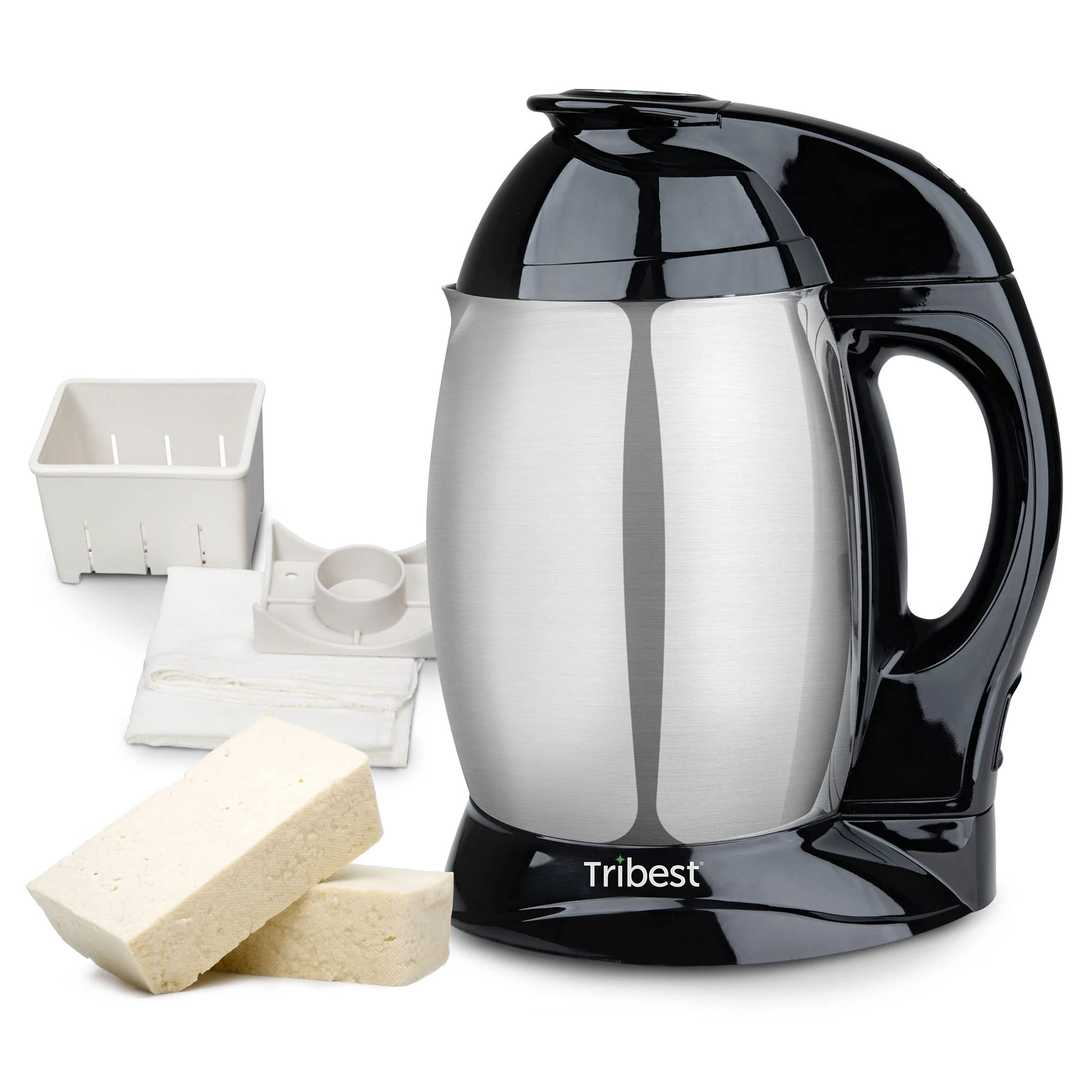 A black electric coffee maker with cheese and other ingredients.