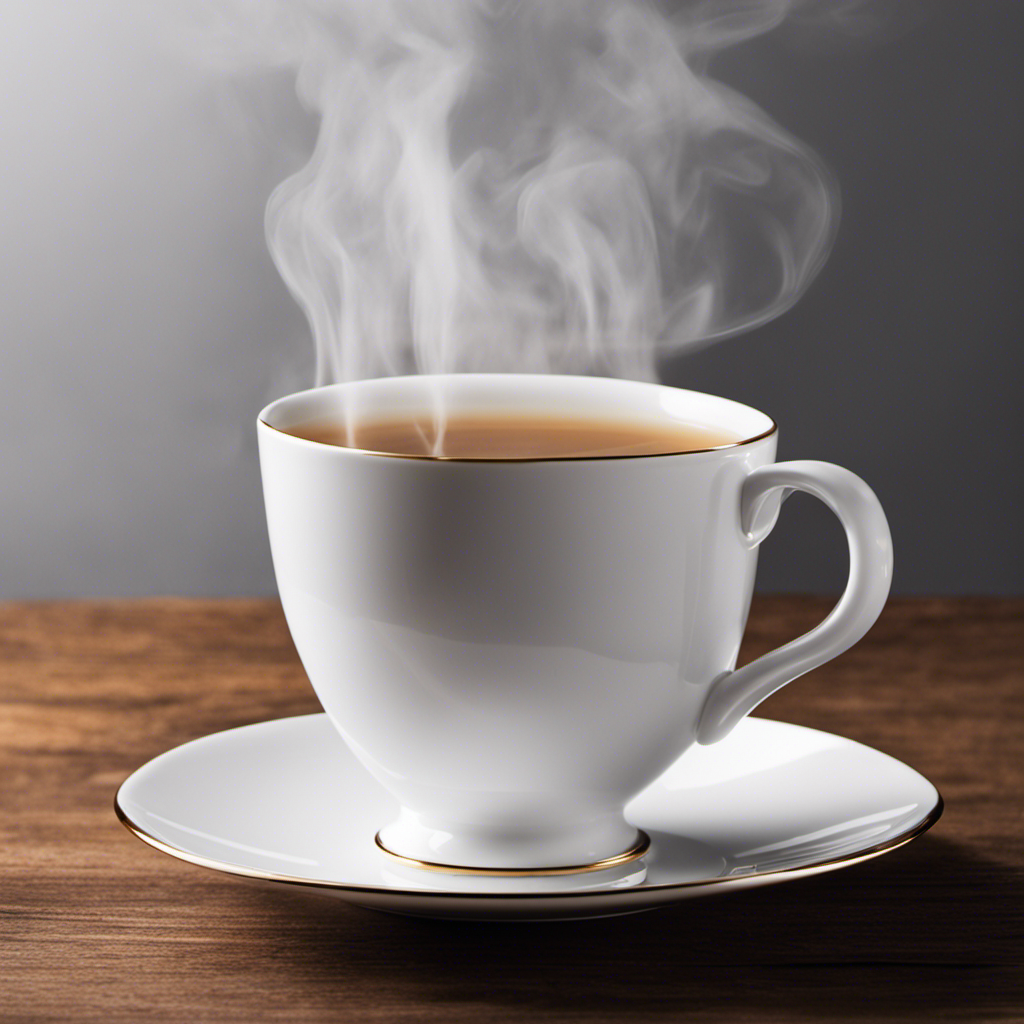 An image showcasing a sleek white teacup, filled with precisely measured 8 teaspoons of tea