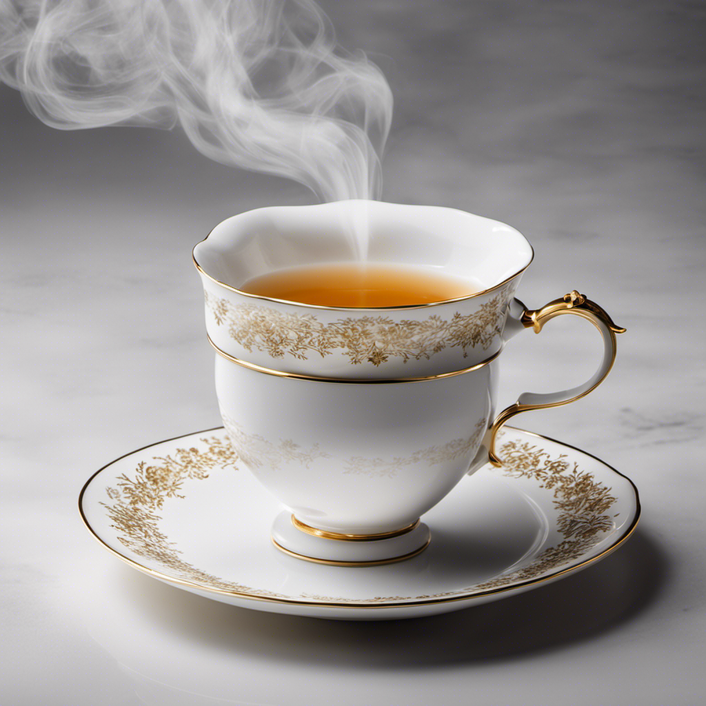 An image showcasing a sleek white teacup, filled with precisely measured 8 teaspoons of tea