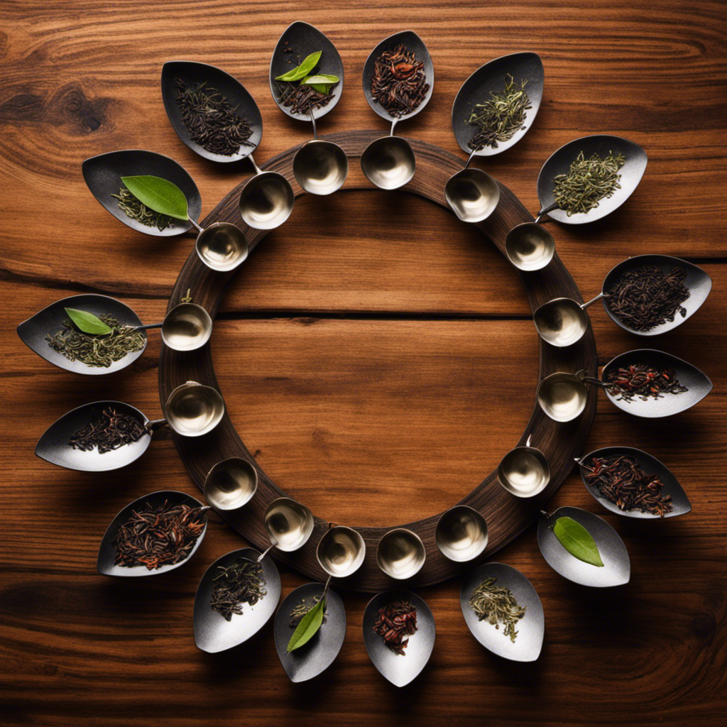 An image capturing eight delicate teaspoons, adorned with various tea leaves, gracefully arranged in a circular pattern on a rustic wooden table