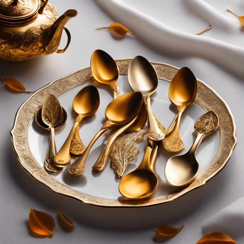 An image of 9 delicate, gleaming teaspoons artfully arranged on a crisp white tablecloth beside a steaming teapot
