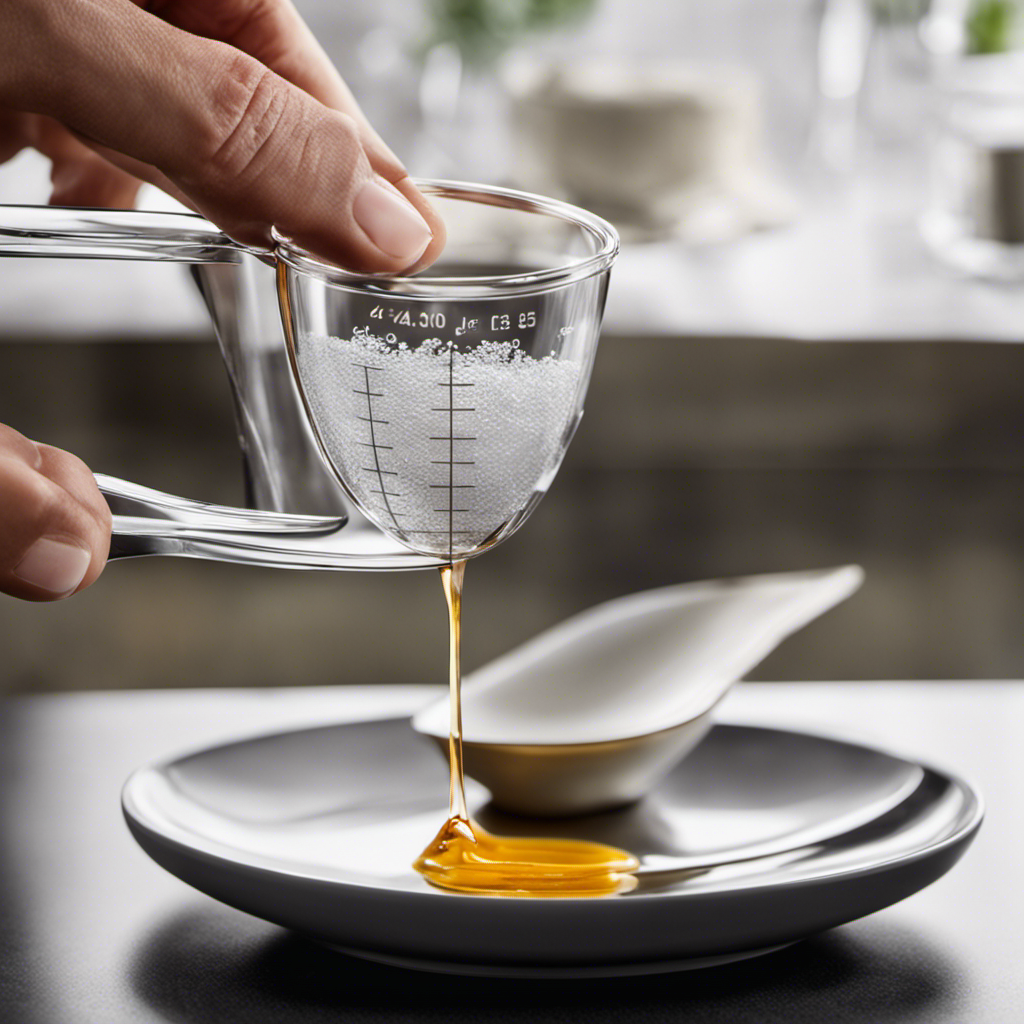 An image showcasing a delicate teaspoon delicately pouring 9 milligrams of a substance into a clear measuring cup, capturing the precise measurement with captivating clarity and precision