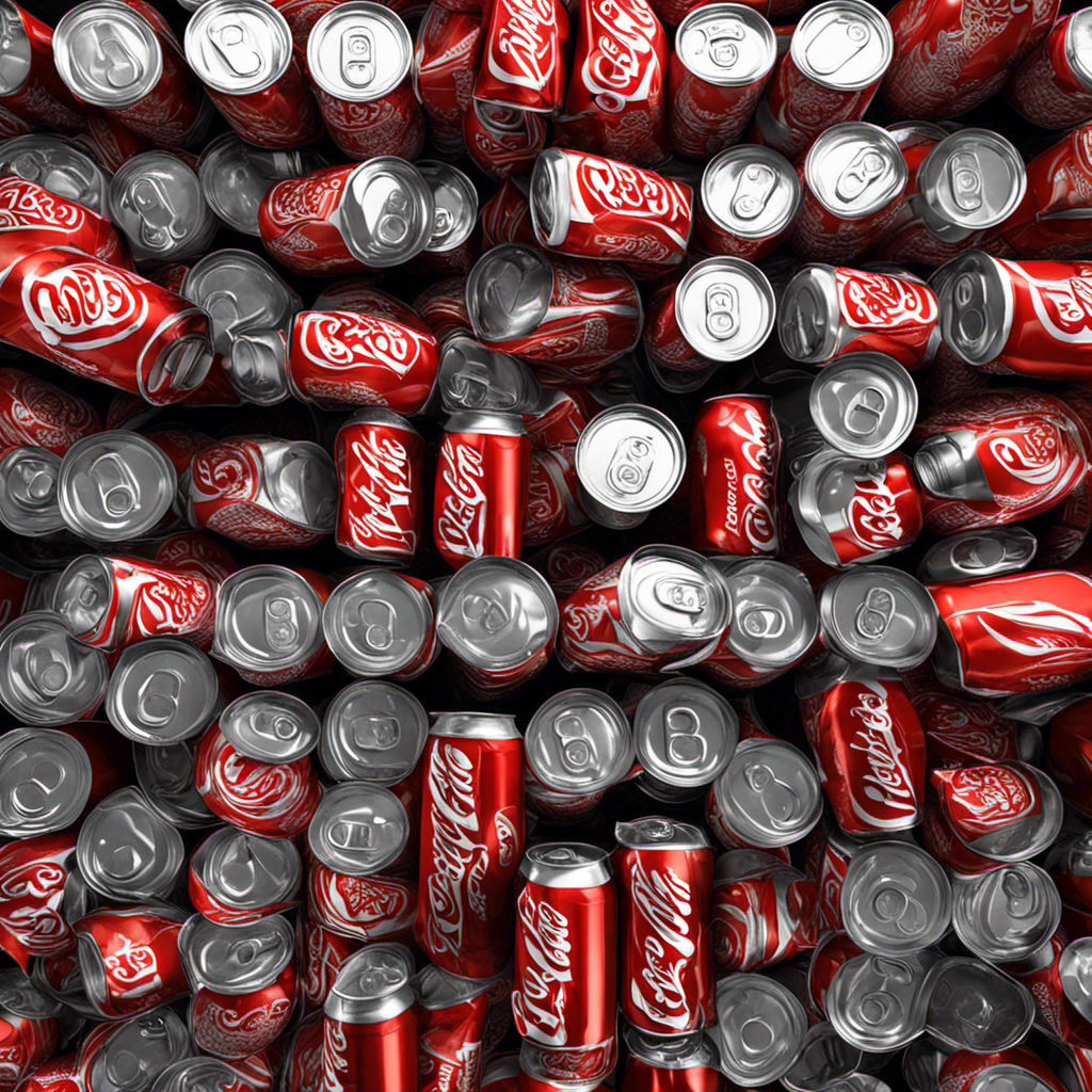 An image that showcases seven soda cans, each pouring out a stream of sugar cubes into a large transparent container