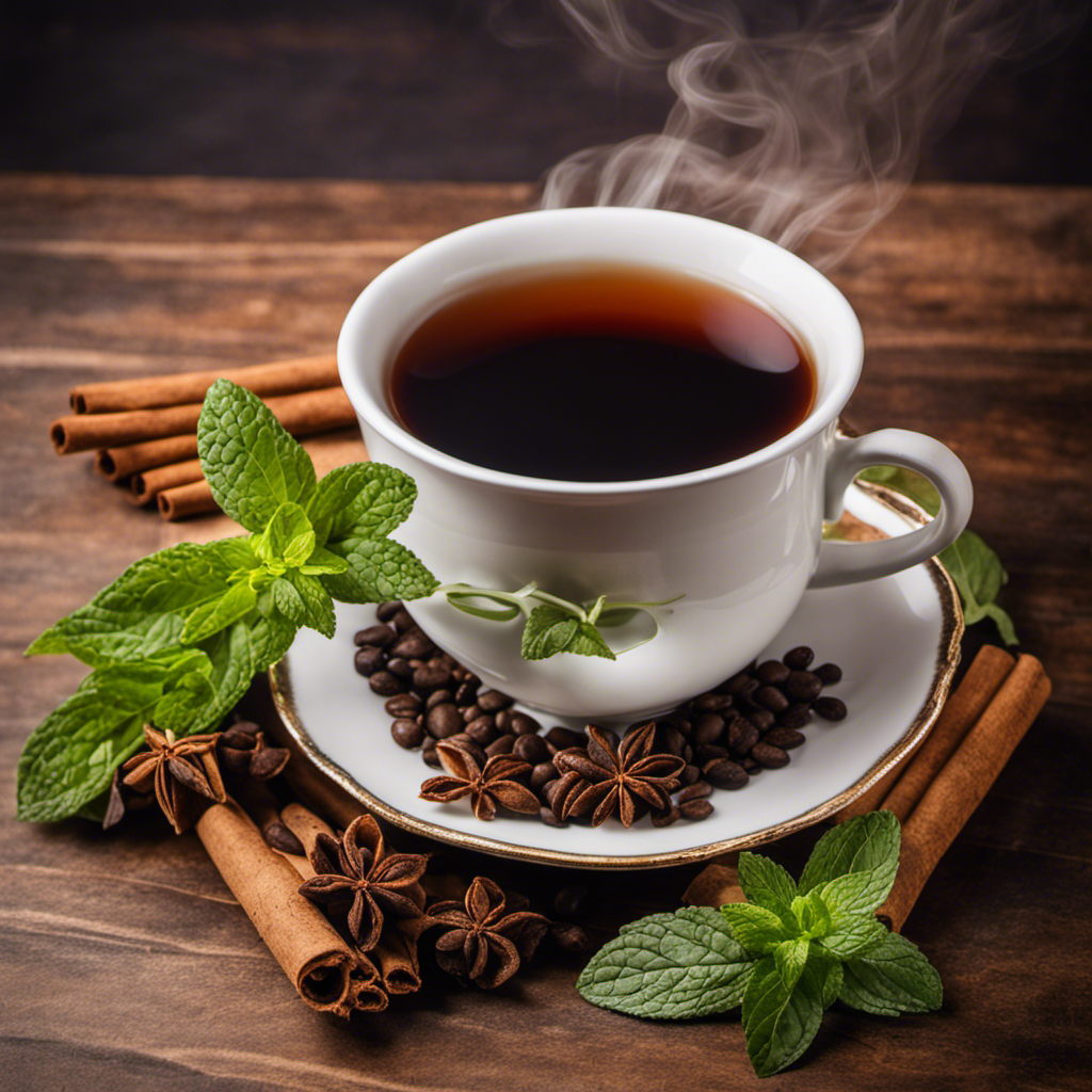 An image showcasing a steaming cup of rich, dark roasted herbal tea, adorned with a hint of cinnamon and a garnish of fresh mint leaves, as a perfect alternative to flavored coffee after gastric sleeve surgery