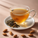 An image showcasing a steaming cup of Almond Oolong Tea, bathed in golden hues of afternoon sunlight