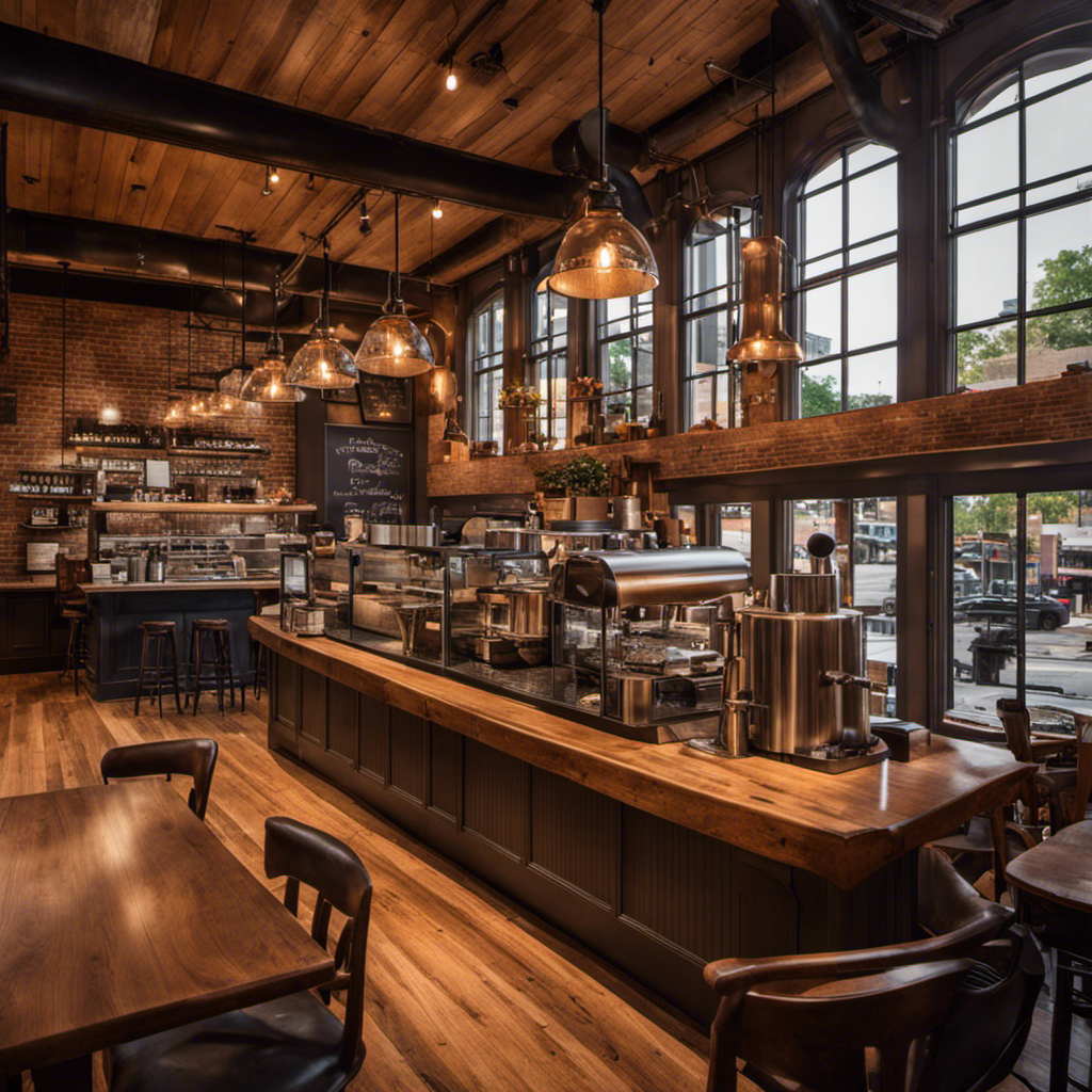 An image capturing the essence of Ann Arbor Coffee Roasting Company: a cozy café adorned with rustic wooden furniture, bathed in warm sunlight pouring through large windows, as baristas passionately brew and serve aromatic cups of coffee to eager customers
