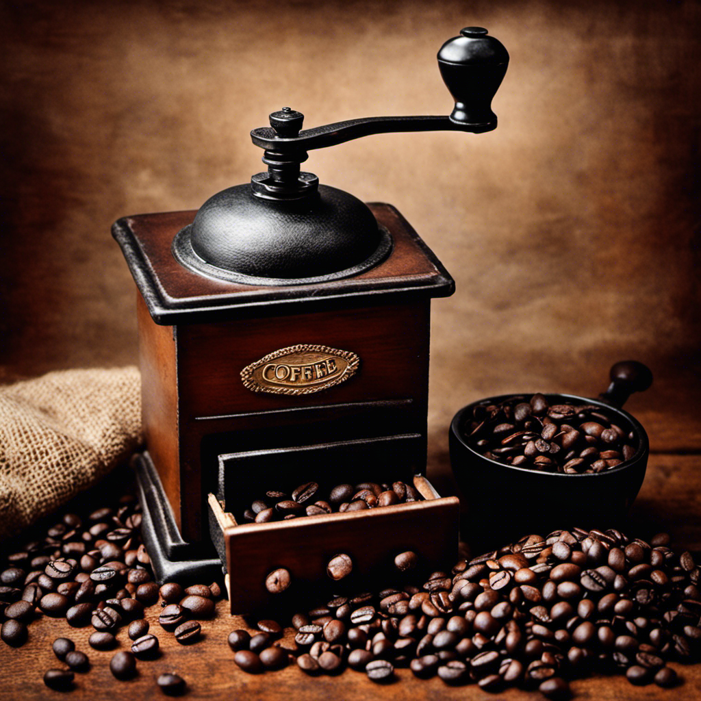 An image showcasing a close-up shot of a weathered, vintage coffee grinder beside a multi-layered, aged coffee bean bag, revealing the rich texture and deep hues of 2-year-old coffee beans