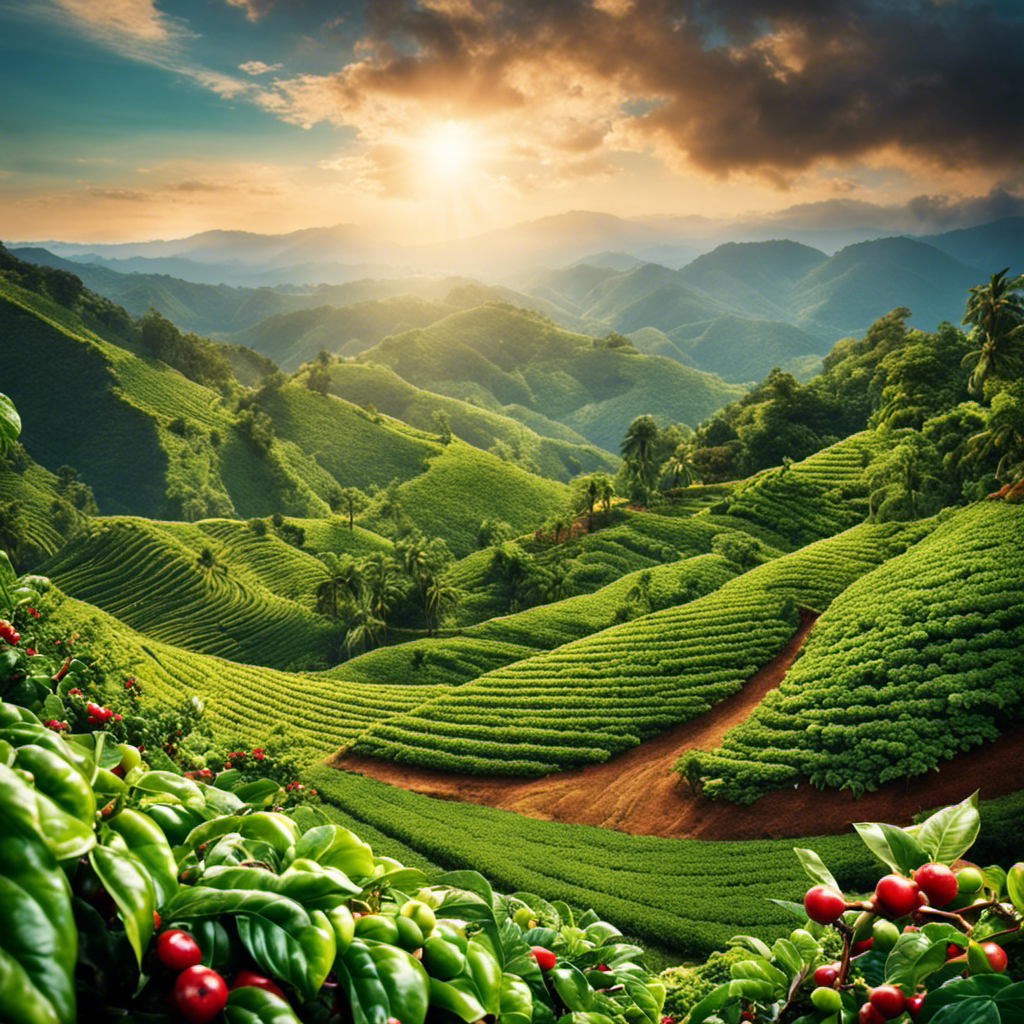 An image showcasing a vibrant coffee plantation under the gentle rays of the sun, displaying lush green coffee plants, ripe red coffee cherries, and a backdrop of misty mountains, evoking the natural beauty and potential health benefits of coffee beans