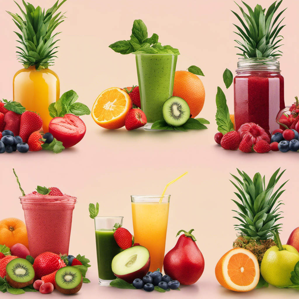 An image showcasing a vibrant assortment of fresh fruits and vegetables, alongside a variety of natural herbal teas and smoothies