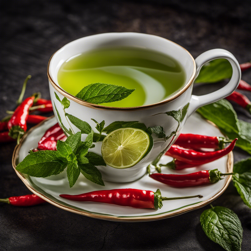 An image showcasing a vibrant green tea blend in a delicate porcelain teacup, adorned with fresh mint leaves and slices of zesty lime