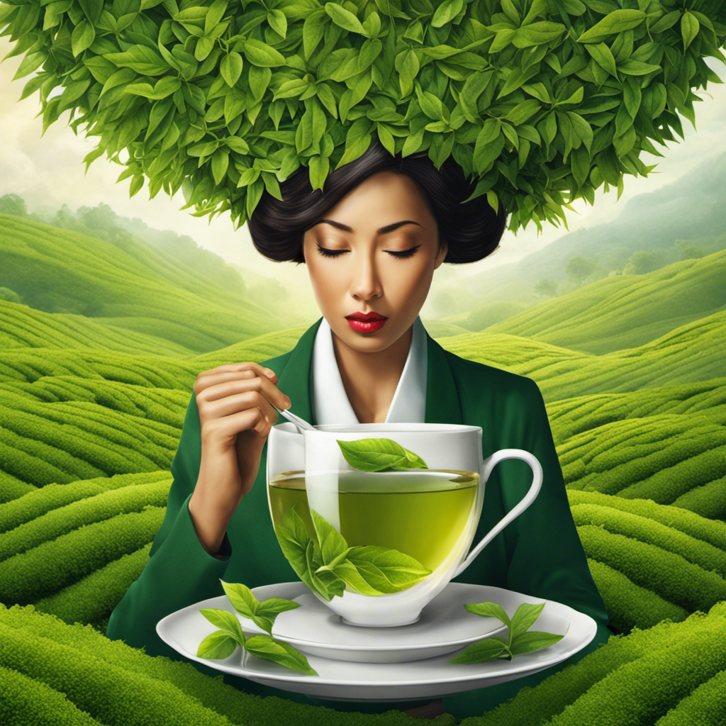 An image showcasing a person peacefully sipping a cup of tea, surrounded by vibrant green tea leaves