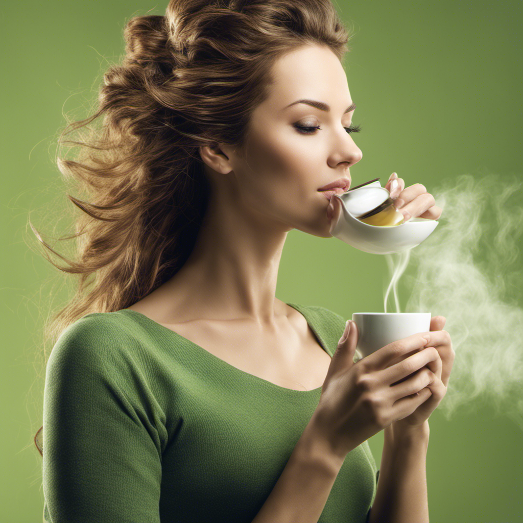 An image featuring a woman drinking a cup of decaffeinated green tea, capturing her satisfied expression and a slender silhouette emerging from the steam, symbolizing the potential side effects of weight loss