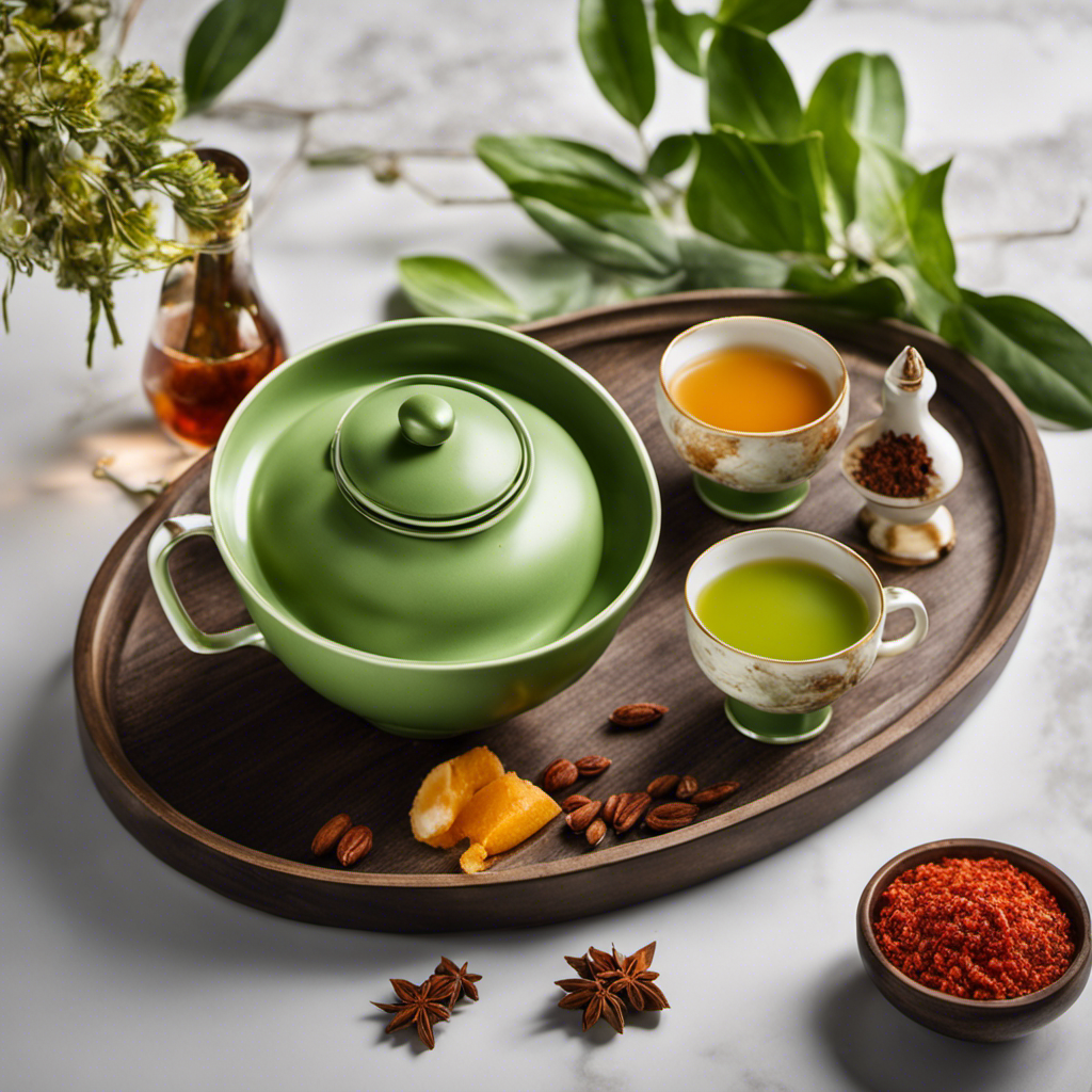 An image showcasing a vibrant green tea served in a delicate porcelain cup alongside a platter of fiery, aromatic spicy foods