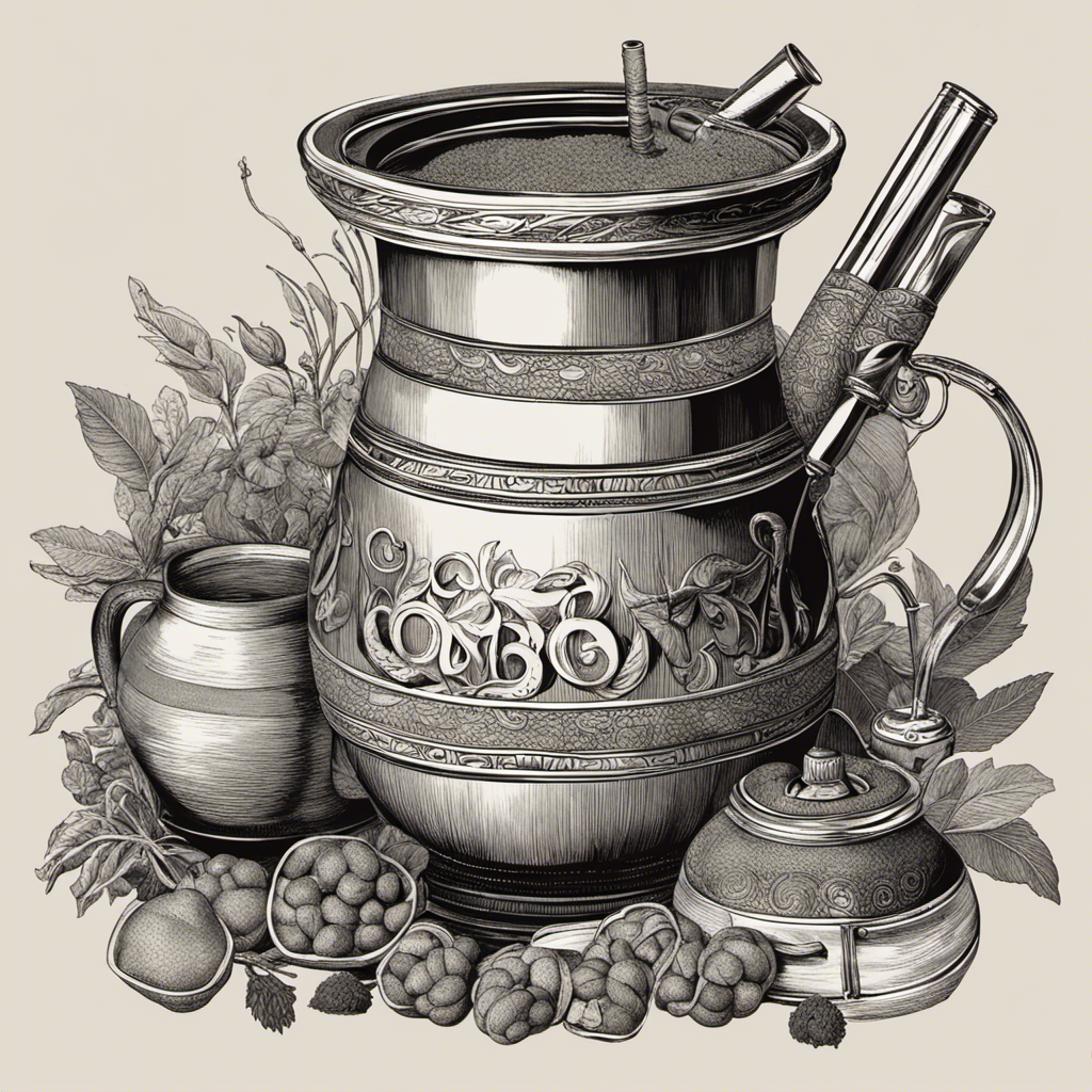 An image showcasing the traditional Argentine Yerba Mate preparation process: a gourd filled with yerba, a bombilla (metal straw), hot water being poured from a thermos, and a hand placing the bombilla in the gourd