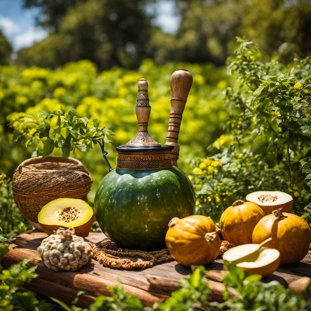 An image showcasing the traditional Argentinian Yerba Mate ritual, with a group of friends gathered around a vibrant, handcrafted gourd, sipping the invigorating brew while enjoying a sunny afternoon in a lush green park