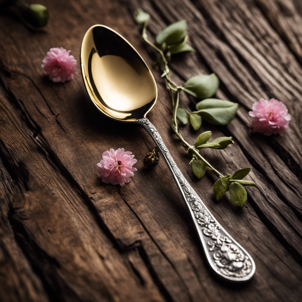 A captivating image showcasing a close-up of a delicate, vintage teaspoon adorned with intricate floral designs, resting on a rustic wooden table, evoking the timeless elegance and charm of asted