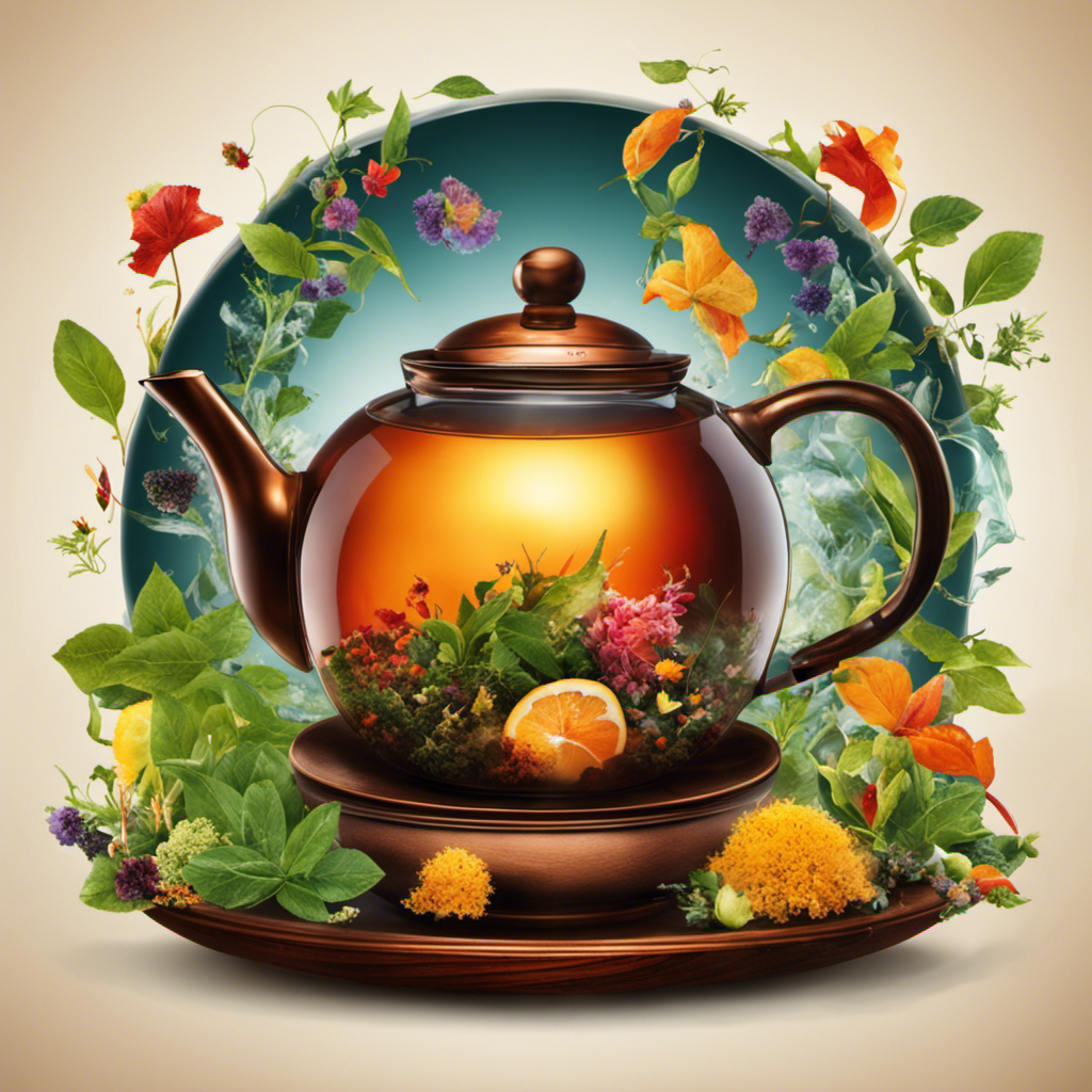 An image showcasing an elegant teapot with steam rising from it, surrounded by a variety of vibrant herbal tea leaves