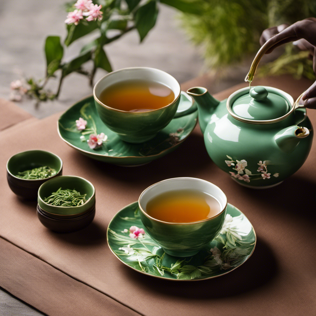 An image showcasing a serene Japanese tea ceremony scene with a delicate porcelain teapot pouring vibrant green Bancha tea into a dainty teacup, capturing the essence of low caffeine and the tea's exquisite flavor