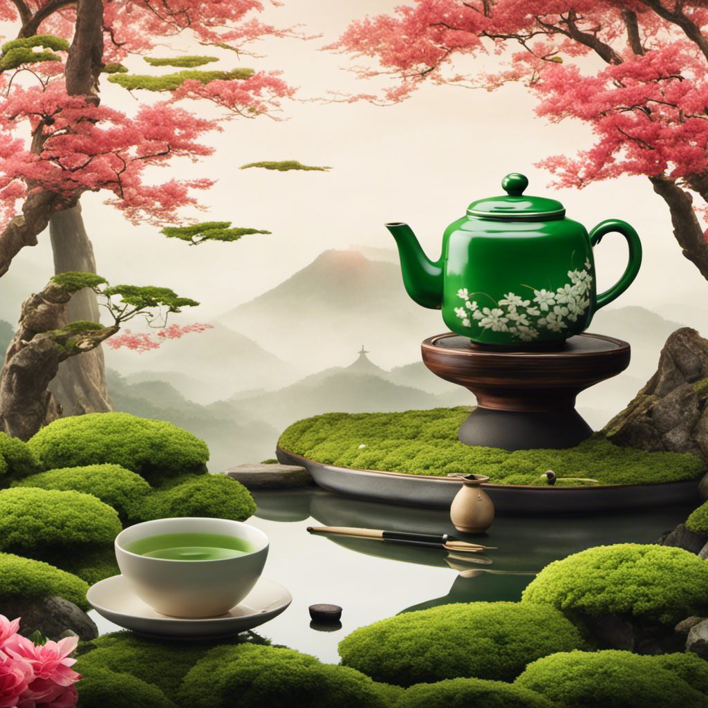 An image showcasing a serene Japanese tea ceremony scene: a graceful tea master pouring vibrant green Bancha tea into a delicate porcelain cup, surrounded by a tranquil Zen garden and traditional tea utensils