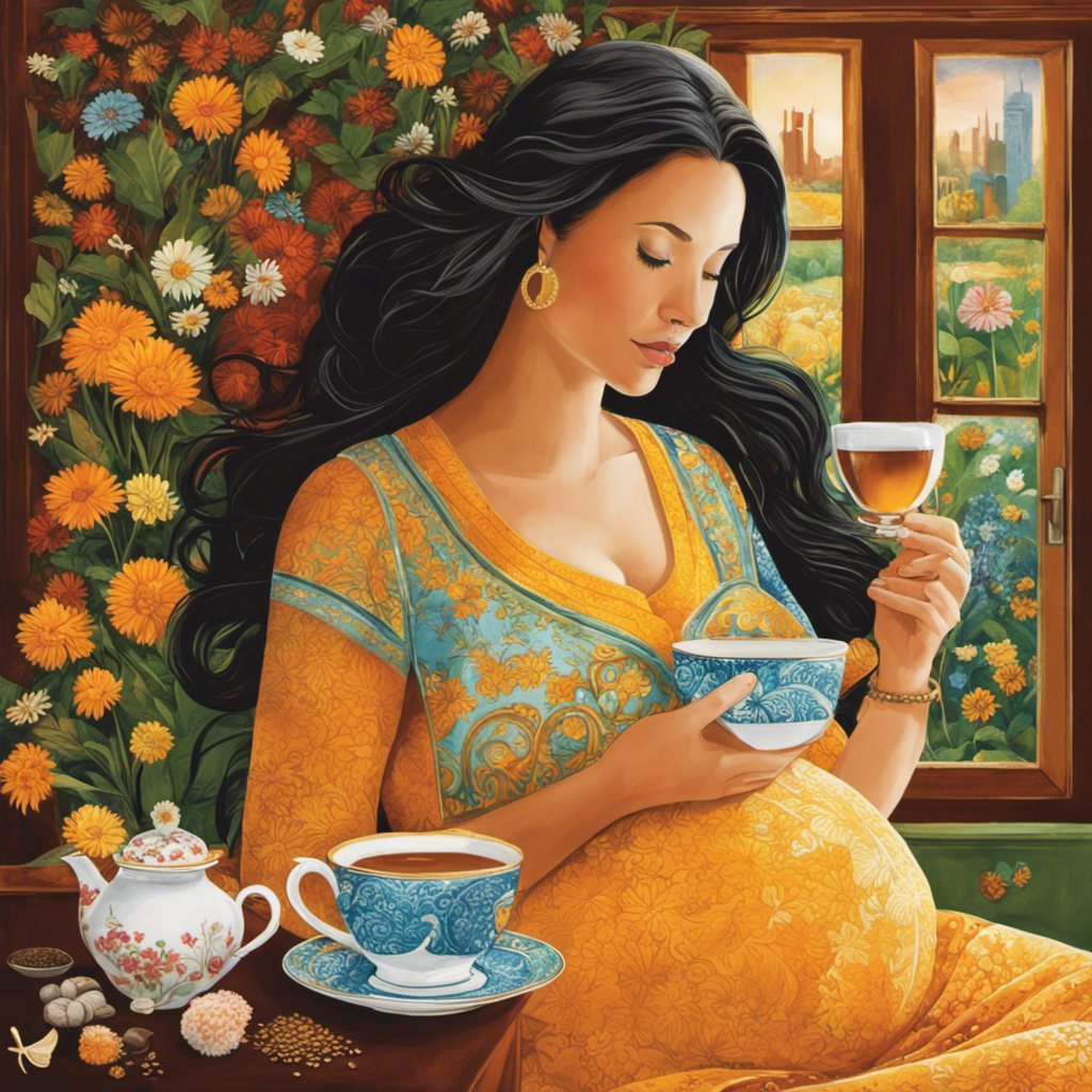 An image that showcases a warm and inviting scene of a pregnant woman savoring a steaming cup of herbal tea, surrounded by a variety of colorful and aromatic caffeine-free options like chamomile, ginger, and peppermint