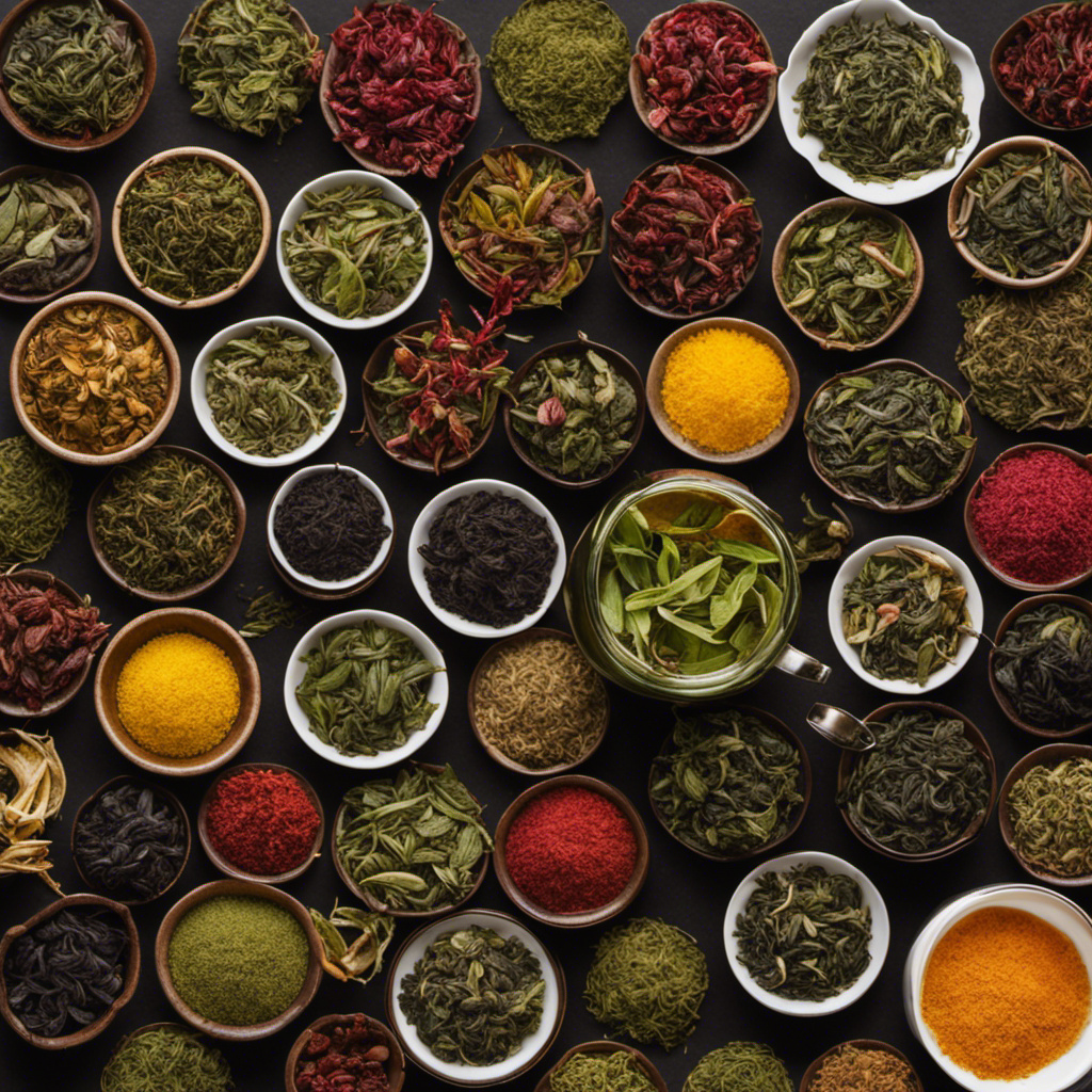 An image showcasing a vibrant assortment of loose tea leaves, including black, green, and oolong varieties