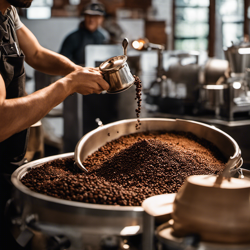 An image that showcases the art of coffee roasting at Black Coffee Roasting Company: a skilled barista, surrounded by burlap sacks of freshly roasted beans, carefully pouring a rich, dark stream of coffee into a ceramic cup