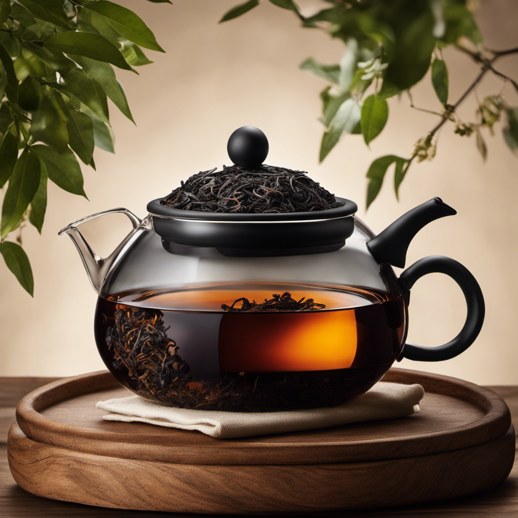 An image showcasing the art of brewing black Oolong tea: A perfectly steeped tea leaves unfurling in a glass teapot, releasing its rich amber hue, while delicate steam gracefully rises from the cup