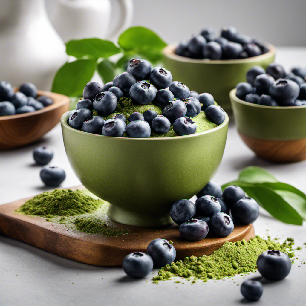 An image showcasing a vibrant, overflowing bowl of luscious blueberries and velvety matcha powder, seamlessly blending together