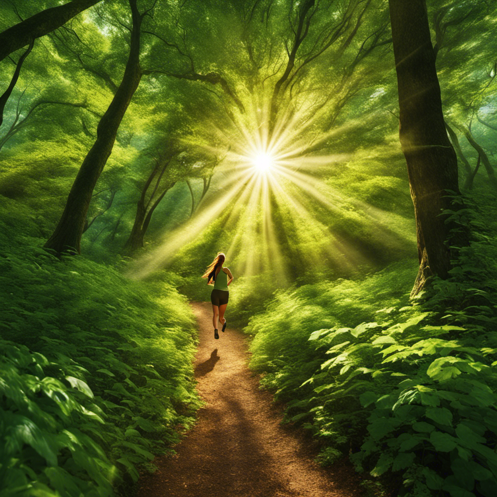 An image of a person running through a sun-soaked forest, their hair flowing in the wind, vibrant green leaves and rays of sunlight surrounding them, symbolizing the invigorating power of nature to boost energy