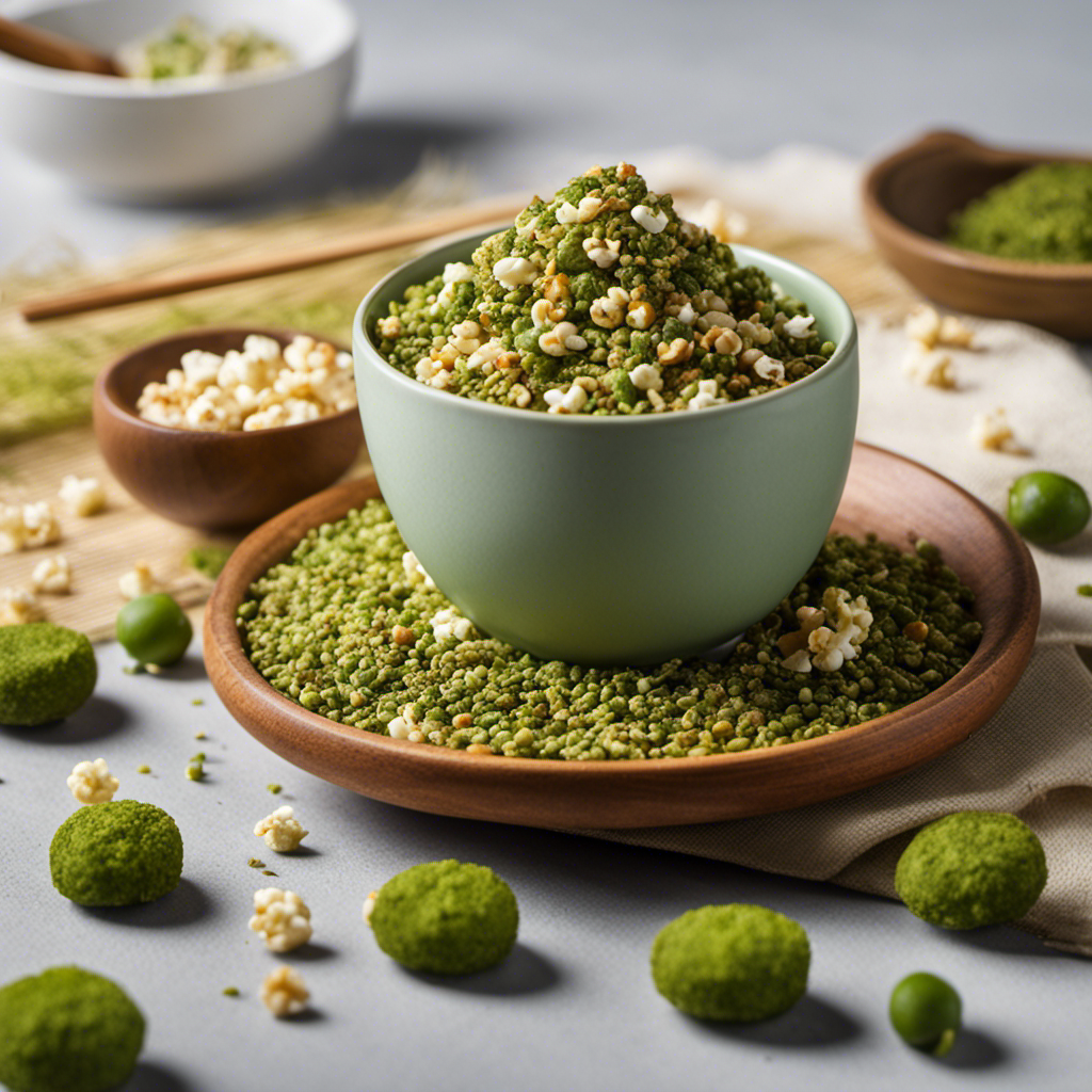 An image of a steaming cup of Matcha-Iri Genmaicha tea, with vibrant green hues swirling in the gentle steam