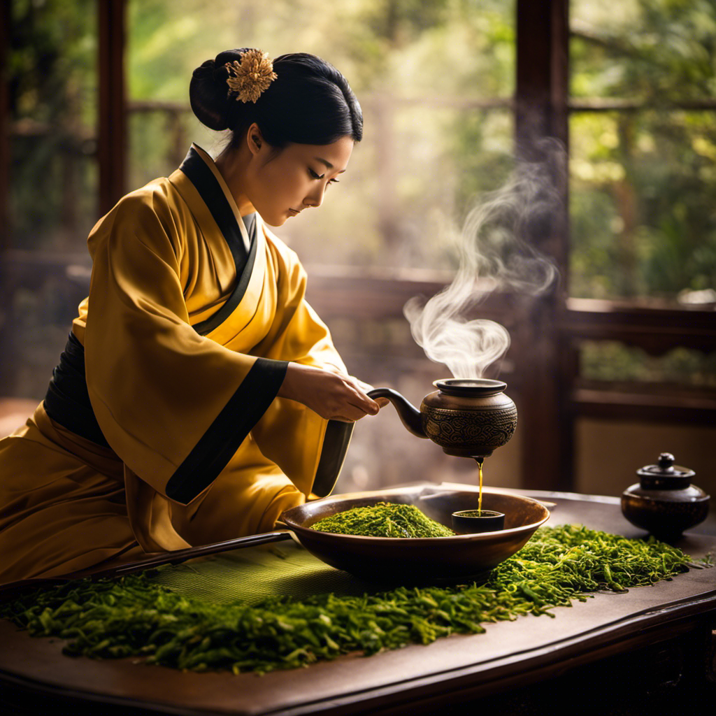 a serene Japanese tea ceremony in progress: a graceful hand gently pours steaming water over vibrant, roasted green tea leaves