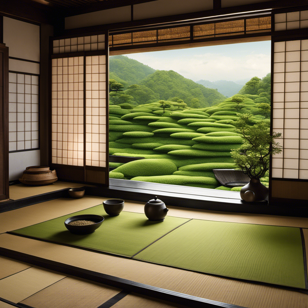 An image showcasing a serene, minimalist scene: a traditional Japanese tea room with bamboo flooring and tatami mats, where a skilled tea master gracefully prepares a vibrant matcha iri genmaicha, complete with a frothy green hue and delicately toasted rice grains floating on the surface