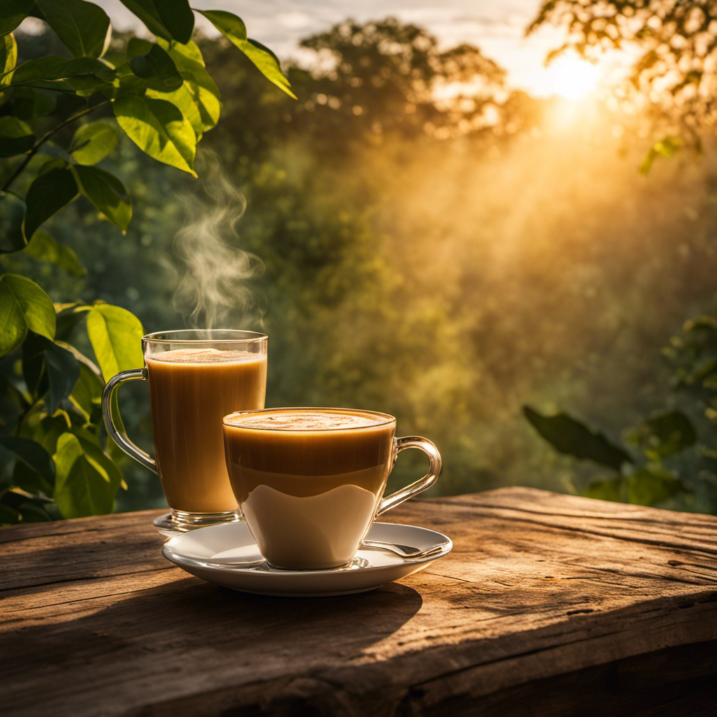 an early morning scene: A steaming cup of Bulletproof Coffee sits on a rustic wooden table, surrounded by a serene backdrop of lush greenery and a glimpse of the rising sun casting warm golden hues