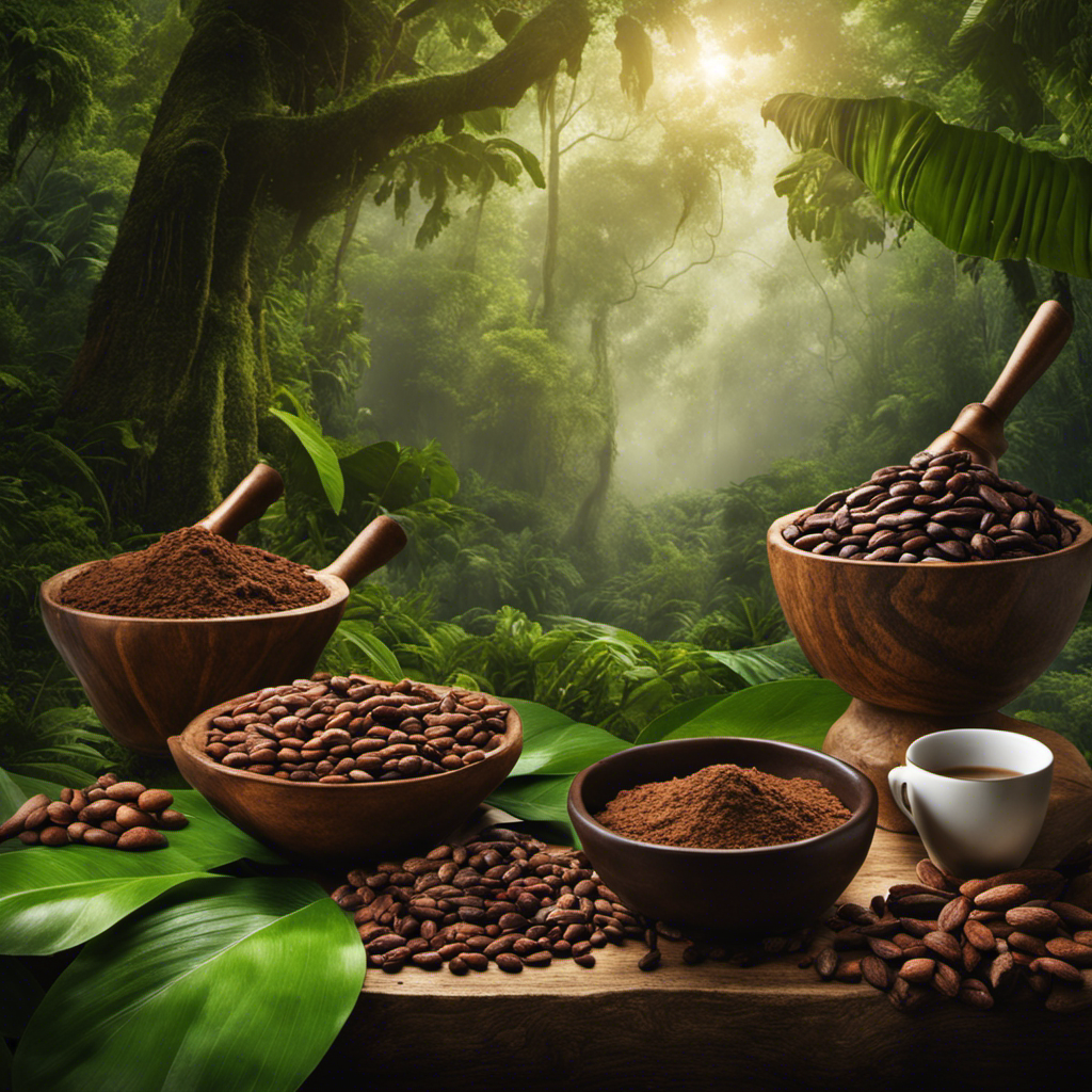 An image showcasing a serene rainforest scene with lush green foliage, where a group of people joyfully gather around a rustic wooden table covered with freshly harvested cacao pods, mortar and pestle, and a mug of rich cacao elixir