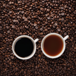An image showcasing two steaming mugs side by side, one filled with rich, dark coffee beans and the other with delicate tea leaves