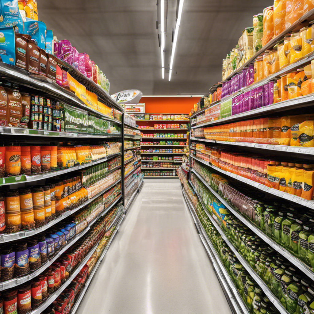 An image showcasing the vibrant shelves of a grocery store, filled with neatly arranged rows of Cafix Coffee Substitute in various flavors and sizes