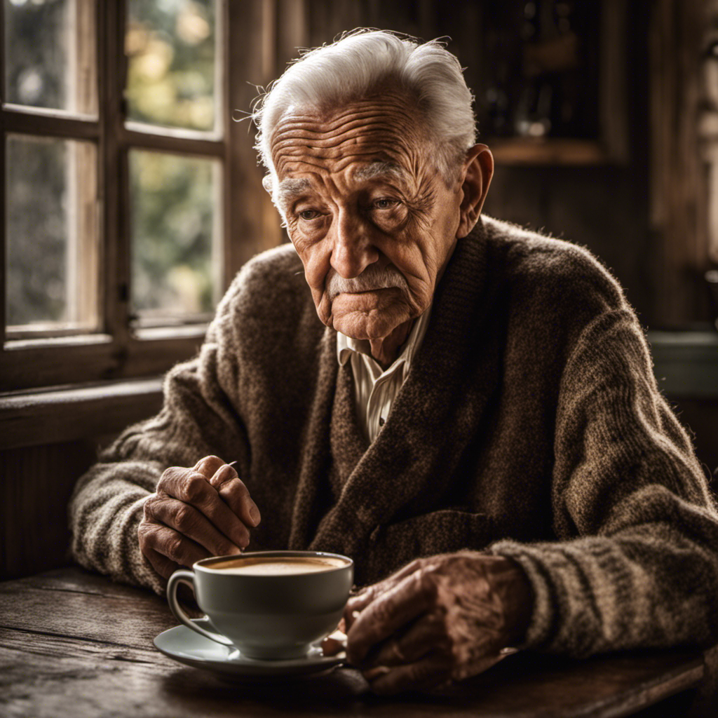 An image of a weathered, centenarian man with a wisened expression, sitting at a vintage kitchen table, gently holding a steaming cup of coffee, his aged hands showcasing a lifetime of stories