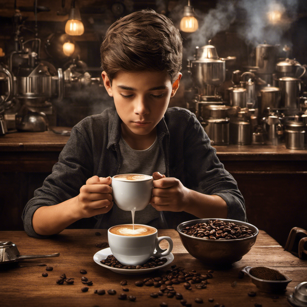 An image of a 14-year-old boy sitting at a café table, cradling a steaming cup of coffee in his hands