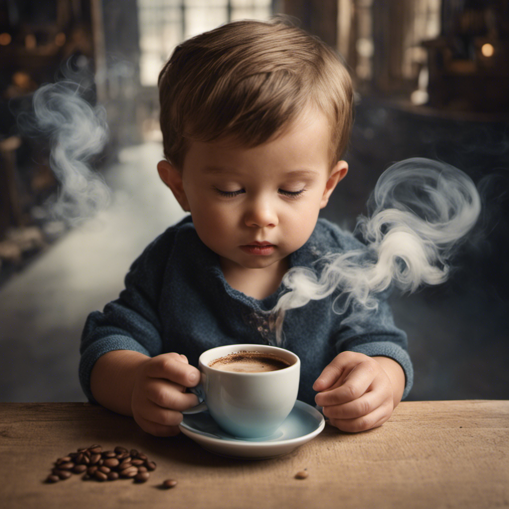 An image capturing a curious 3-year-old, tiny hands wrapped around a miniature coffee cup, wide-eyed and captivated, as wisps of steam rise from the mug, mingling with his innocent wonder