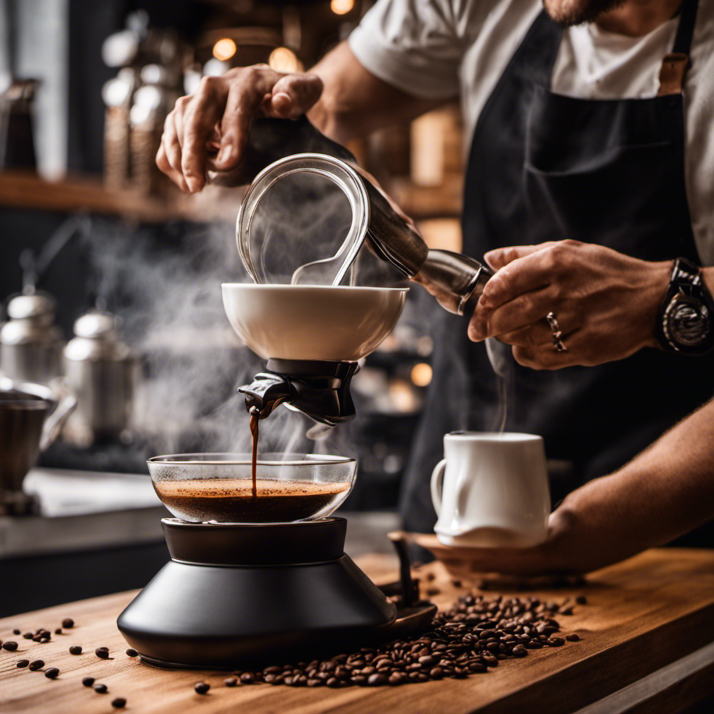 An image for a blog post on "Can Baristas Burn Coffee?" depicting a barista skillfully pouring steaming water over a mound of freshly ground coffee beans in a ceramic dripper on a wooden countertop, with wisps of aromatic vapor rising