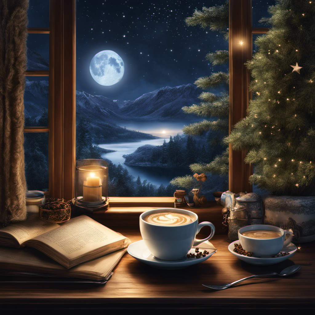 An image that showcases a serene, moonlit scene with a steaming cup of coffee left undisturbed on a table, surrounded by the subtle glow of twinkling stars and a tranquil sleeping cat nearby