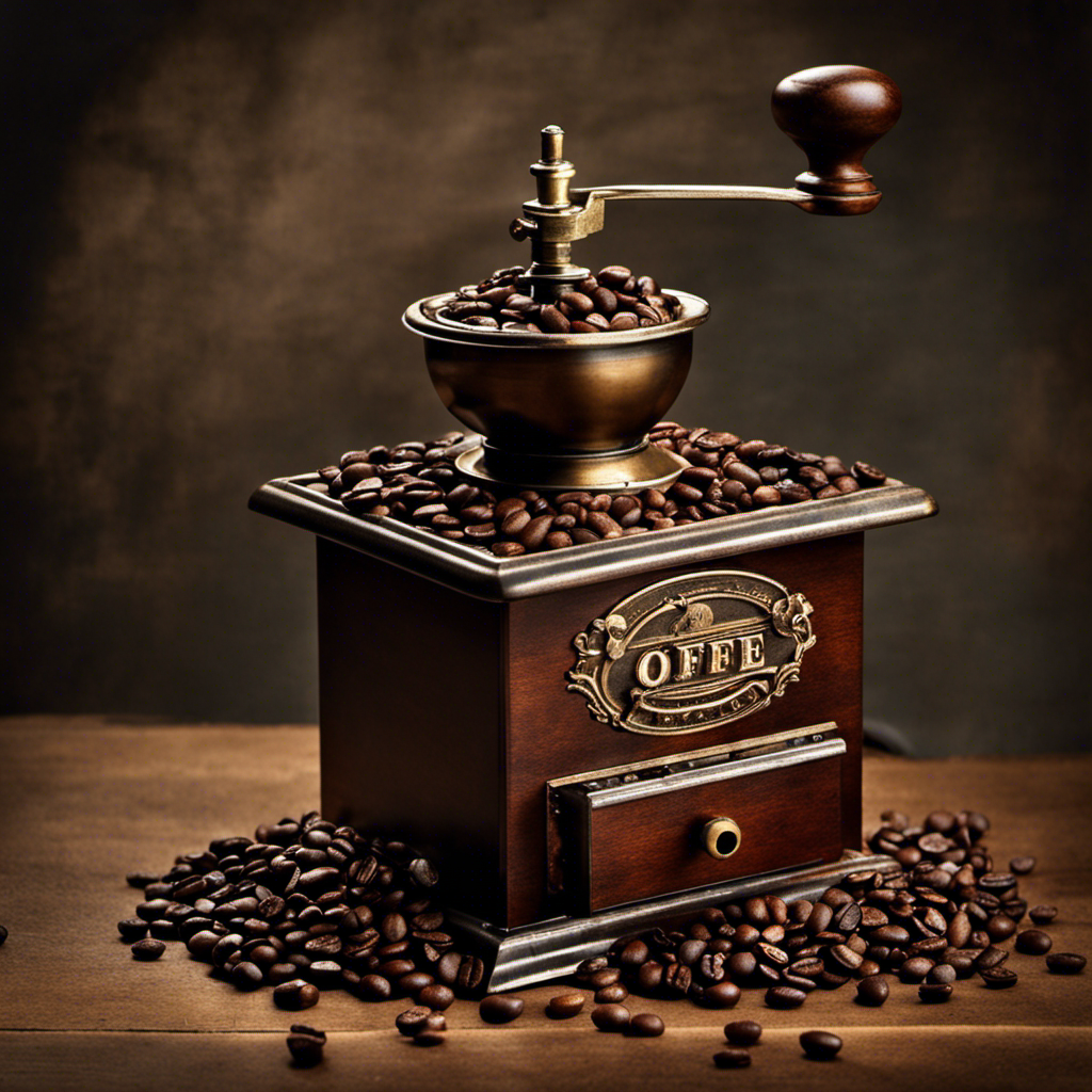 An image of a vintage coffee grinder with a pile of 10-year-old coffee beans next to it