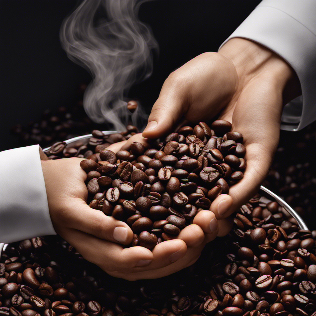 An image of a hand clutching a handful of glossy, deep-brown coffee beans, their aromatic steam rising, inviting exploration